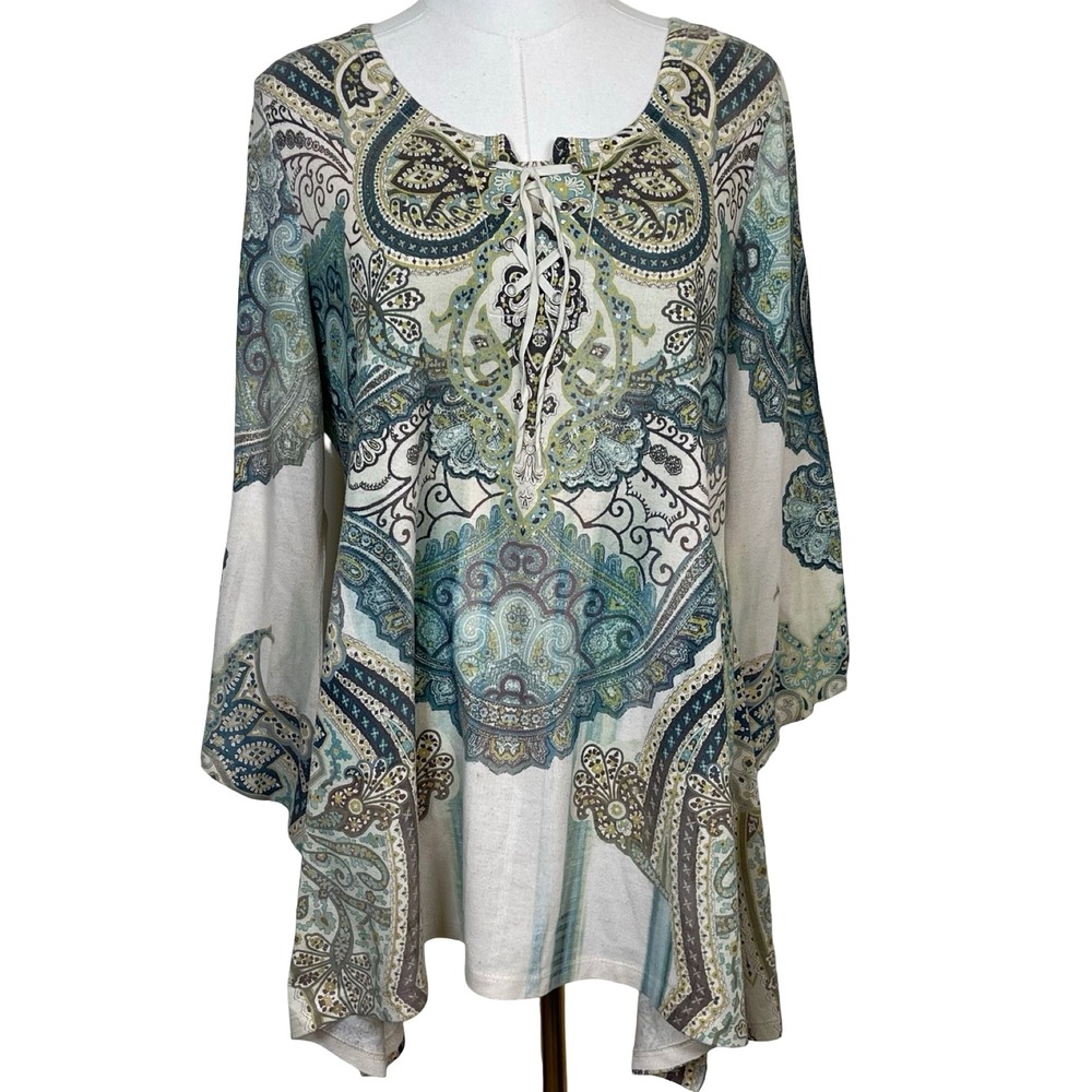 One World Paisley Lace Up Tunic L Green Blue Sharkbite Hem Bell Sleeve Boho